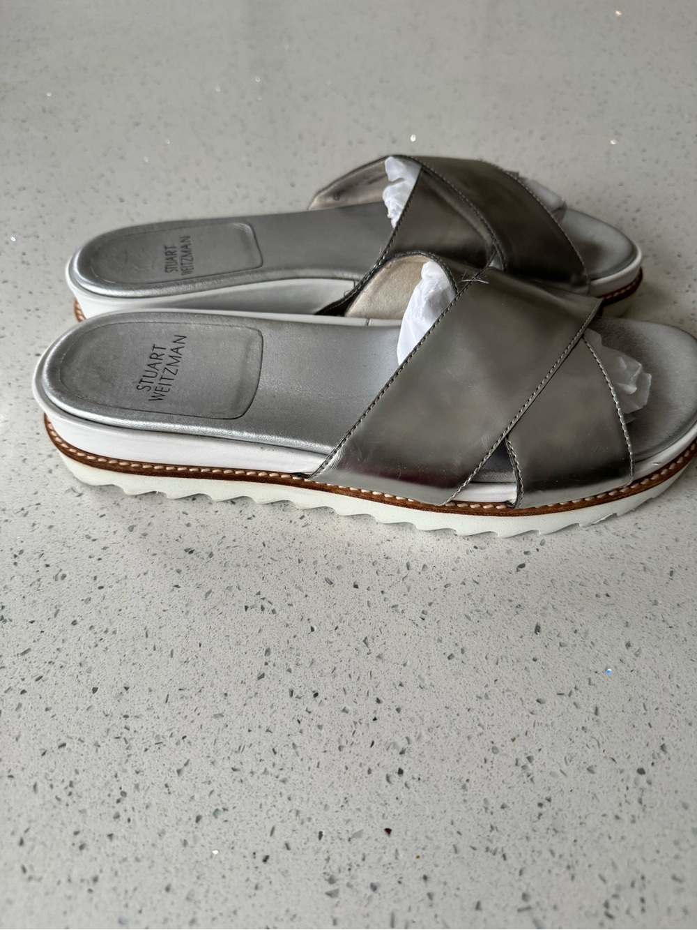 Stuart Weitzman Metallic Gold Crisscross Slide Sandals - Picture 5 of 5